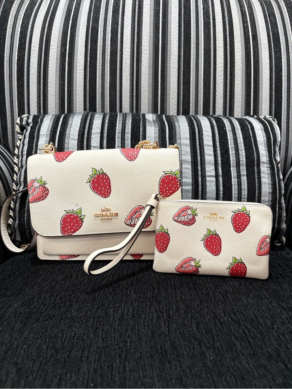 Coach White Leather Crossbody and Wristlet with Red Strawberry Print